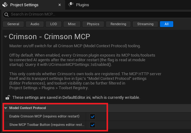 Project Settings → Crimson MCP → Enable Crimson MCP, then restart the editor.