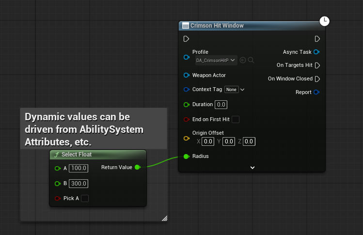 Crimson Hit Window with an area profile selected. Radius, Half Height and Origin Offset come from the preset's Crimson Selection: Area task; a pin left at its authored default costs nothing.