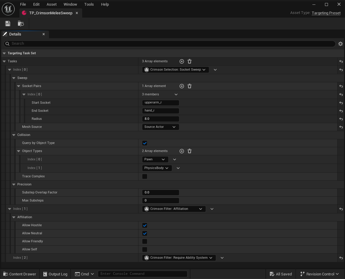A Targeting Preset's task array. Order is execution order, and a selection task must come first.