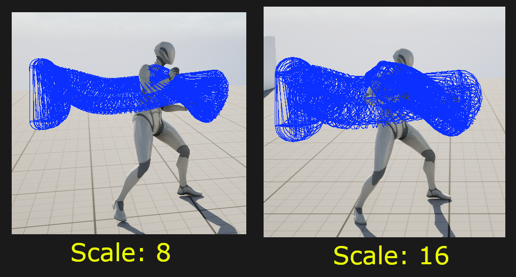 The same profile drawn at Shape Scale 1 and 2. Blue is the queried shape, green a reported hit, red a candidate a filter rejected.