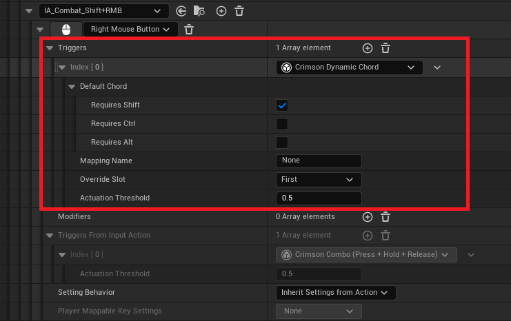 IMC mapping row -> Triggers -> + -> Crimson Dynamic Chord. Expand it and tick Default Chord -> Requires Shift. Leave Mapping Name empty for an inline (non-rebindable) chord.