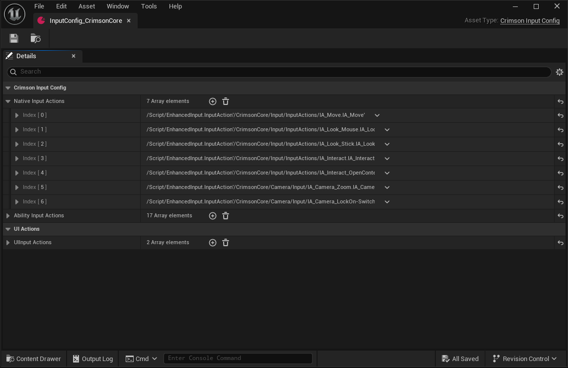 CrimsonInputConfig Details: NativeInputActions, AbilityInputActions, and the UI Actions -> UIInputActions array. Each entry pairs an InputAction with an InputTag.