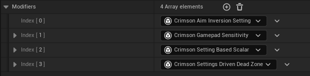 InputAction Details -> Modifiers -> + -> Crimson Settings Driven Dead Zone (and/or the sensitivity, inversion, and setting-based-scalar modifiers). Set per-modifier options like Deadzone Stick.