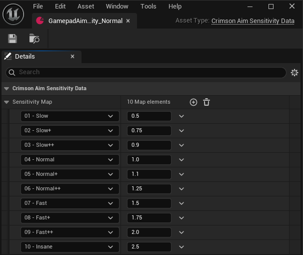 Create a Crimson Aim Sensitivity Data asset. Fill SensitivityMap: 01 - Slow -> 0.5, 04 - Normal -> 1.0, 10 - Insane -> 2.5, etc.