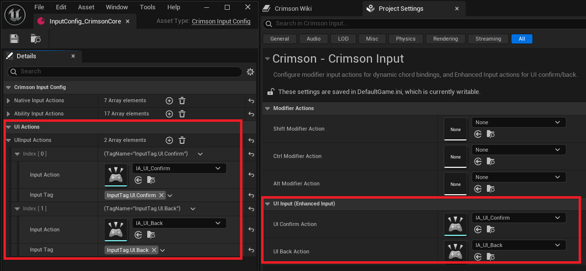 Left: CrimsonInputConfig -> UI Actions -> UIInputActions (UI.Escape, UI.Confirm, UI.Back). Right: Project Settings -> Crimson -> Crimson Input -> UI Input -> UI Confirm/Back Action.