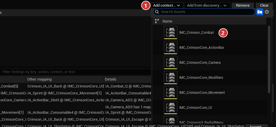 Add context (1) opens the ordinary asset picker (2) for contexts that discovery cannot see.