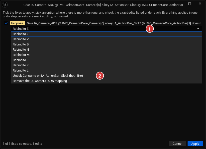 An Options review: the dropdown of alternatives (1), including letting the higher action stop consuming (2).