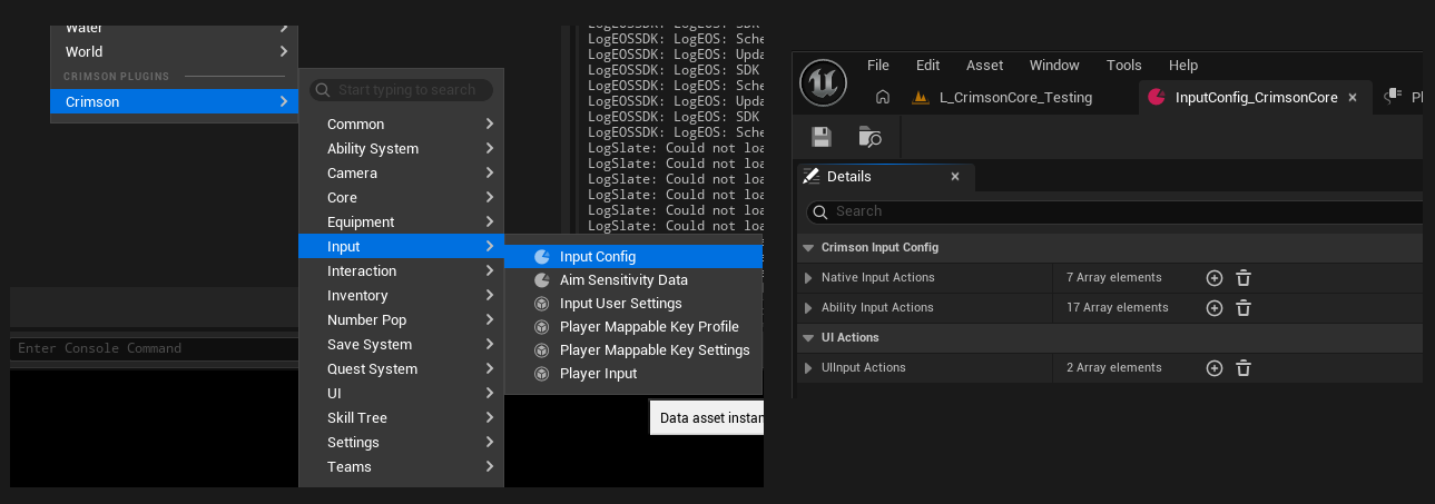 Create a CrimsonInputConfig; add IA_Move to NativeInputActions (tag InputTag.Move) and IA_Ability1 to AbilityInputActions (tag InputTag.Ability.1).