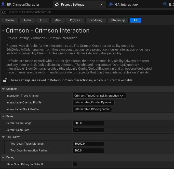 Project Settings -> Crimson -> Crimson Interaction: trace channel, overlap/block profile names, scan range/rate, top-down distance/radius, debug.