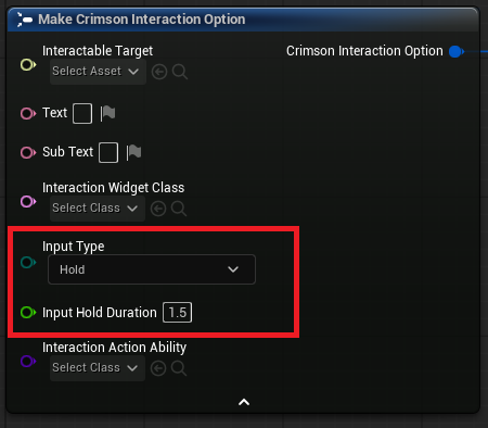 On the option: Input Type = Hold, Input Hold Duration = 1.5. Interaction Action Ability is optional - leave it unset for a plain hold that fires the normal interaction on completion.