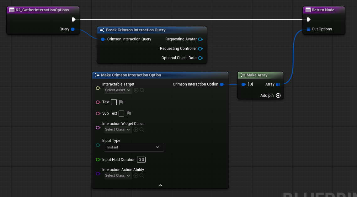 In K2 Gather Interaction Options: Make CrimsonInteractionOption -> set fields -> Add to the Out Options array.
