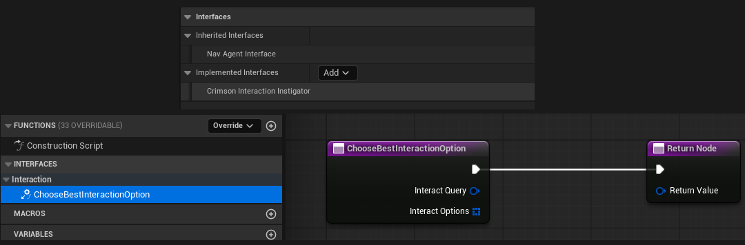 On the pawn/controller: add interface 'Crimson Interaction Instigator', override 'Choose Best Interaction Option', and return your preferred option from the Options array. In GA_Interact's press path, call Choose Best Interaction Option (message call on the avatar) before Trigger Interaction Option.