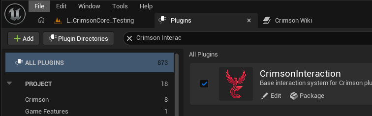 Edit -> Plugins -> search 'Crimson' -> tick CrimsonInteraction. Restart when prompted.