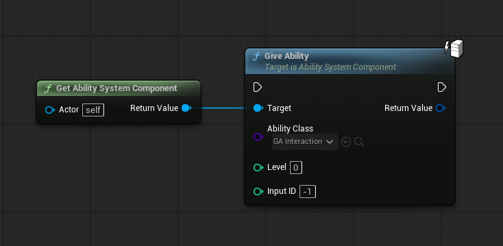 Pawn: Event BeginPlay -> Switch Has Authority -> Authority: Get Ability System Component -> Give Ability (GA_Interact). Then: Is Locally Controlled -> TRUE -> Try Activate Ability by Class (GA_Interact). (If your project already grants abilities via a startup set, add GA_Interact there instead.)