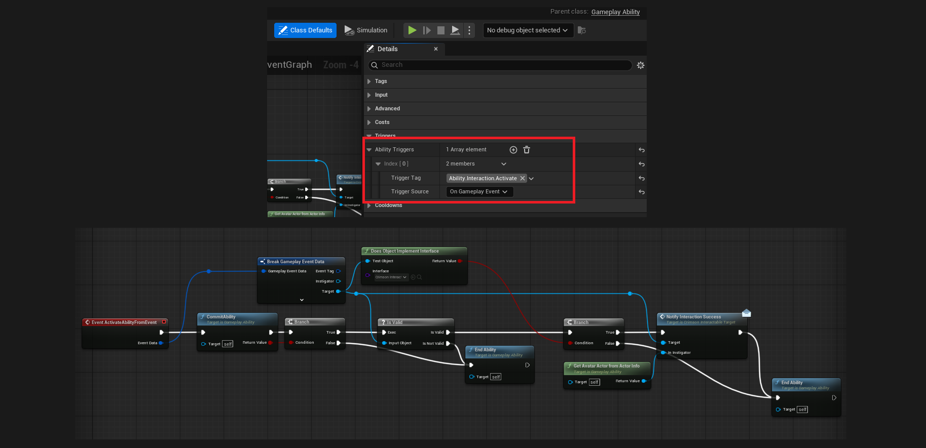 New Gameplay Ability BP 'GA_InteractionHandler': Class Defaults -> Ability Triggers -> add entry (Trigger Tag = Ability.Interaction.Activate, Trigger Source = Gameplay Event). Graph: Event ActivateAbilityFromEvent -> break Payload -> Target -> Notify Interaction Success (message call, In Instigator = Get Avatar Actor From Actor Info) -> End Ability.