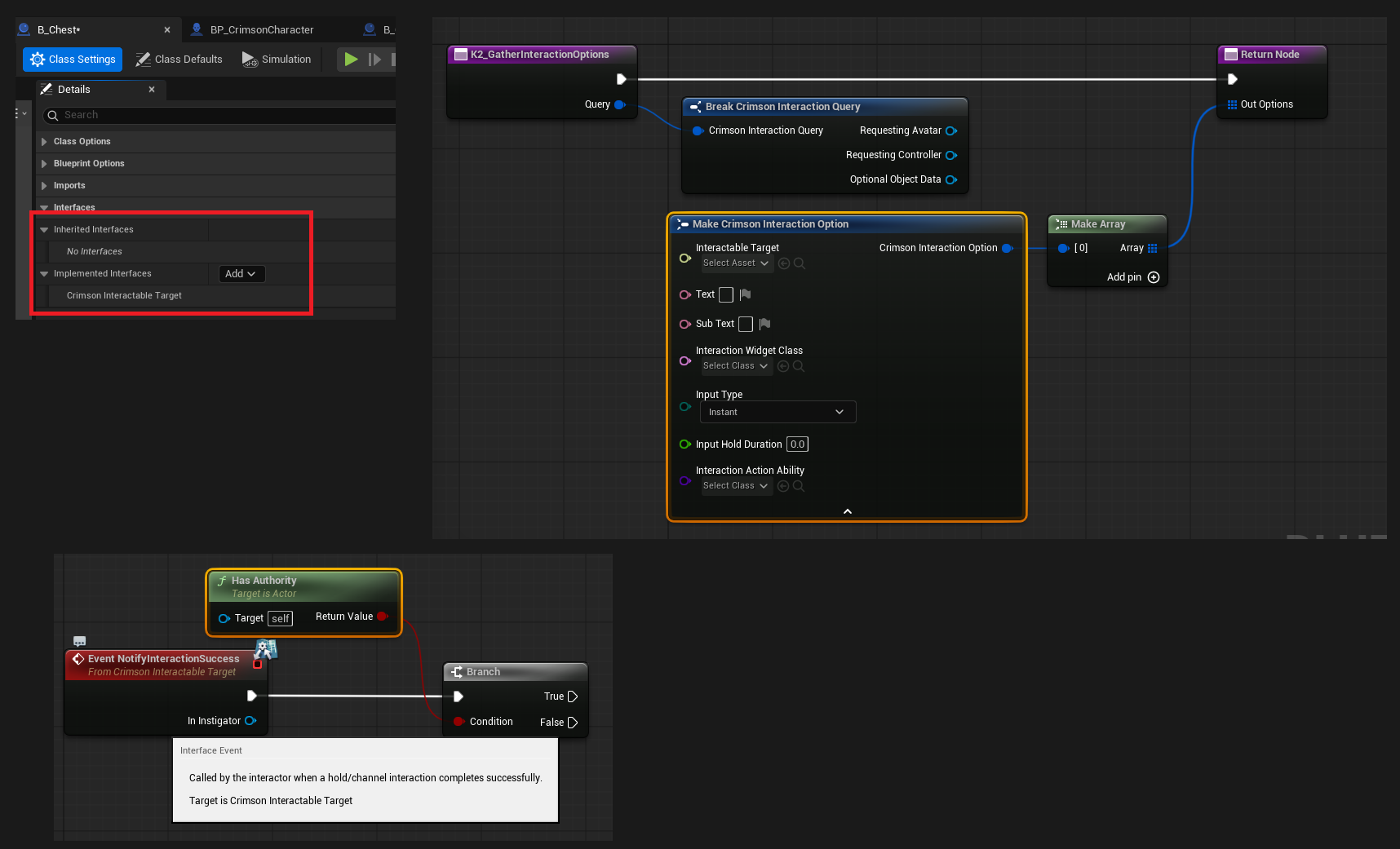 Chest BP: Class Settings -> add Interface 'Crimson Interactable Target'. In K2 Gather Interaction Options: Make CrimsonInteractionOption (Text='Open', Input Type=Instant, Interaction Ability To Grant=GA_InteractionHandler) -> Add to the Out Options array. Then override 'Notify Interaction Success' to play the open animation.