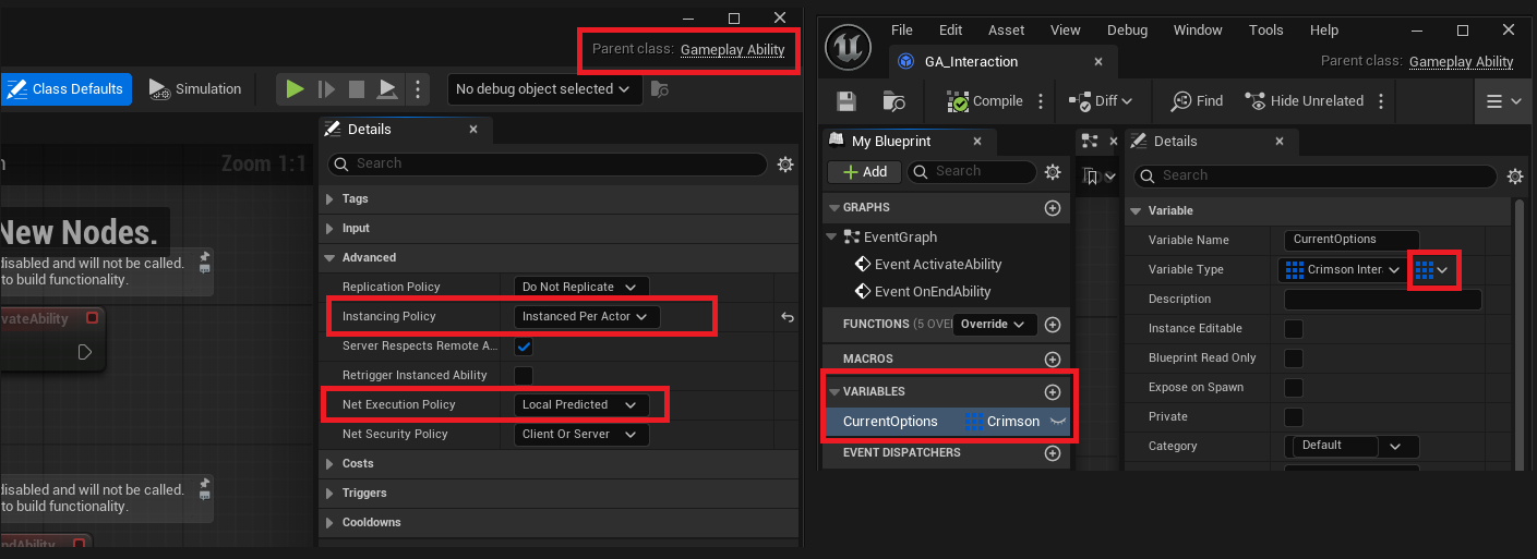 New Gameplay Ability BP 'GA_Interact': Class Defaults -> Instancing Policy = Instanced Per Actor, Net Execution Policy = Local Predicted. Add a variable CurrentOptions (array of Crimson Interaction Option).