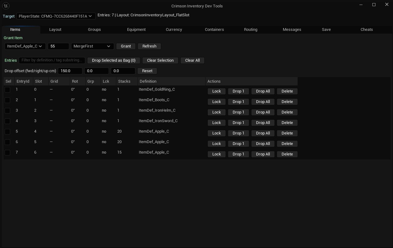 The Inventory Dev Tools window on the Items tab with a PlayerState inventory selected.