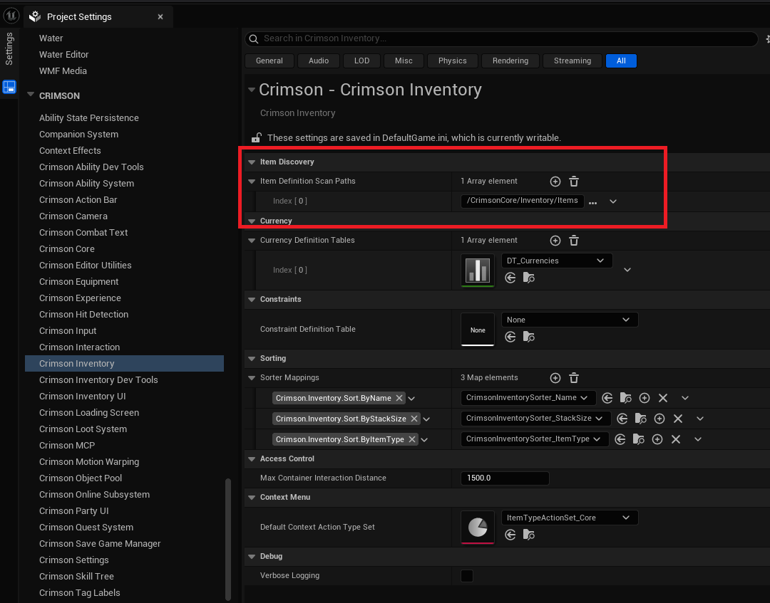 Crimson Inventory project settings with one scan path added.