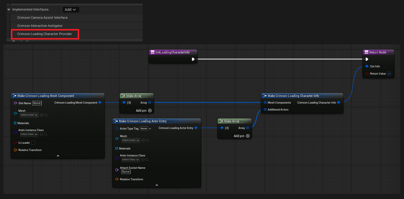 In your Pawn (or an ActorComponent Blueprint): Class Settings -> Details -> Interfaces -> Add -> Crimson Loading Character Provider. In My Blueprint -> Interfaces, double-click Get Loading Character Info. Build Out Info with Make Crimson Loading Character Info + an array of Make Crimson Loading Mesh Component nodes (Body entry: Is Leader = true, Anim Instance Class set), and return true.
