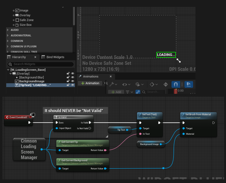 Event Construct -> Get CrimsonLoadingScreenManager -> Get Current Tip -> SetText (TipText). Get Current Background -> Is Valid -> Set Brush from Material (BackgroundImage). Optionally Get Current Tip Category -> use the tag to pick an icon.