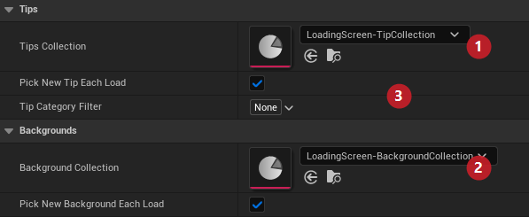 Project Settings -> Crimson -> Crimson Loading Screen: Tips Collection and Background Collection assigned; bPickNewTipEachLoad / TipCategoryFilter / bPickNewBackgroundEachLoad visible.