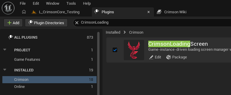 Edit → Plugins → search 'Crimson' → tick CrimsonLoadingScreen → restart the editor.