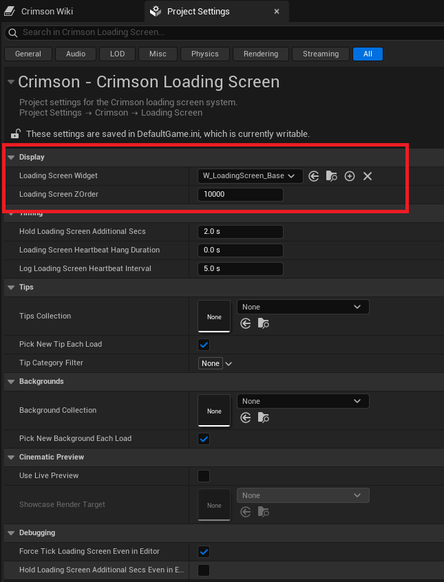 The one required setting: Display → Loading Screen Widget.