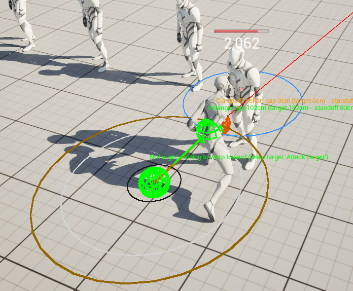 The three reach rings, the standoff ring around the target, and a clamped path with its shortfall labelled.