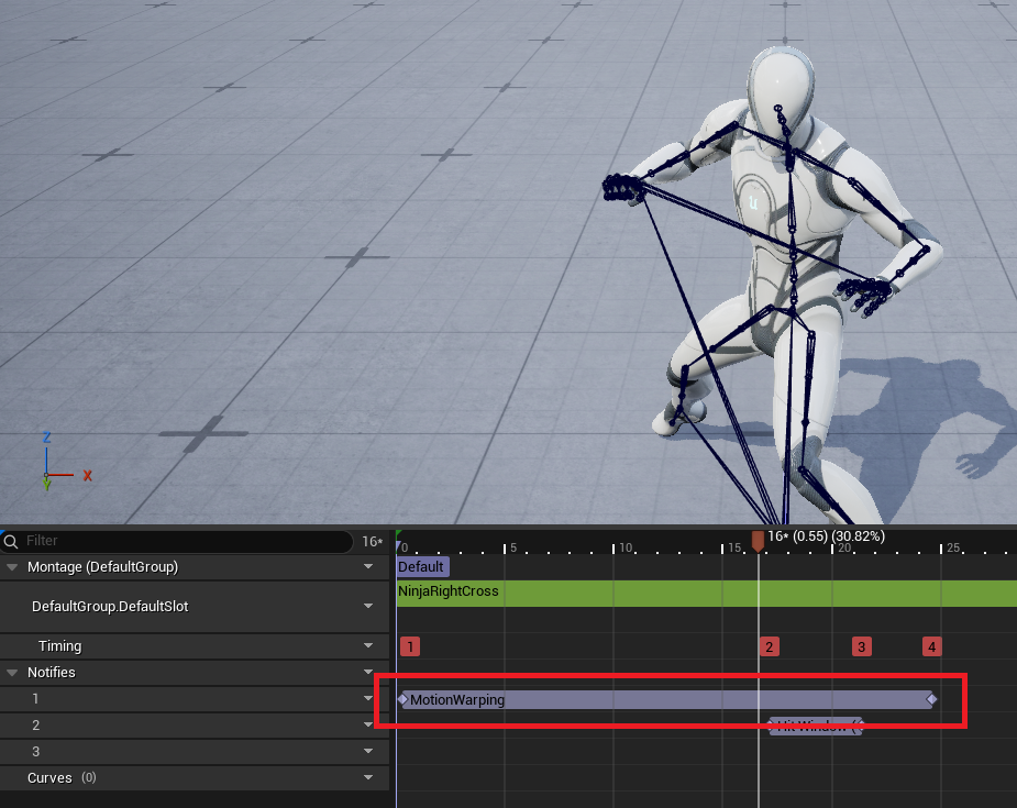 The Motion Warping notify state over the travelling frames, with Skew Warp and a warp target name set.