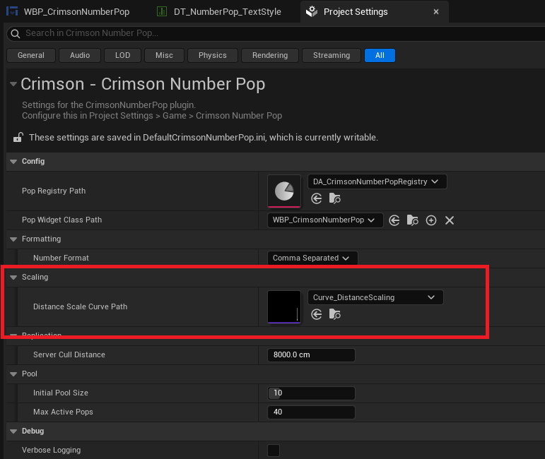 The CurveFloat asset with the four keys above, and Project Settings -> Crimson Number Pop -> Scaling -> Distance Scale Curve Path pointing at it.