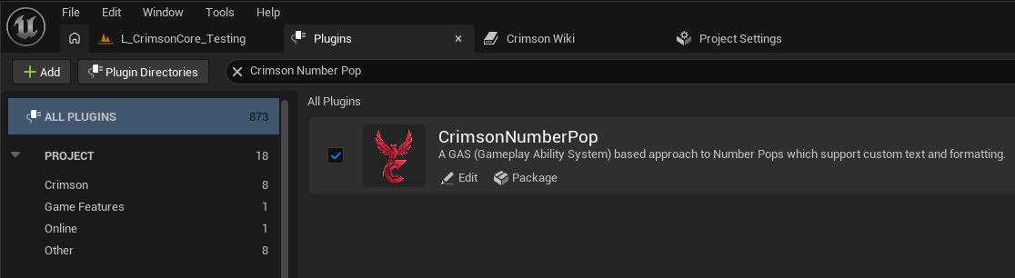 Edit -> Plugins -> search 'Crimson' -> tick CrimsonNumberPop's Enabled checkbox -> restart the editor.