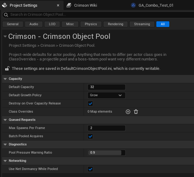 Project Settings > Crimson > Crimson Object Pool. Class Overrides sets capacity, growth policy and prewarm count per actor class.