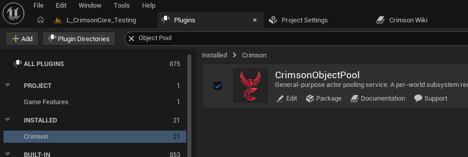 Edit -> Plugins -> search 'Crimson' -> tick CrimsonObjectPool. Restart when prompted.
