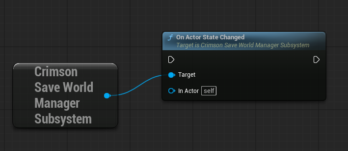 Enable **bSaveWorldStateAfterEveryChange** in Project Settings, then at the moment of change call **On Actor State Changed** on the Crimson Save World Manager (**Get World Subsystem** -> `Crimson Save World Manager Subsystem`), passing the changed actor (Self).