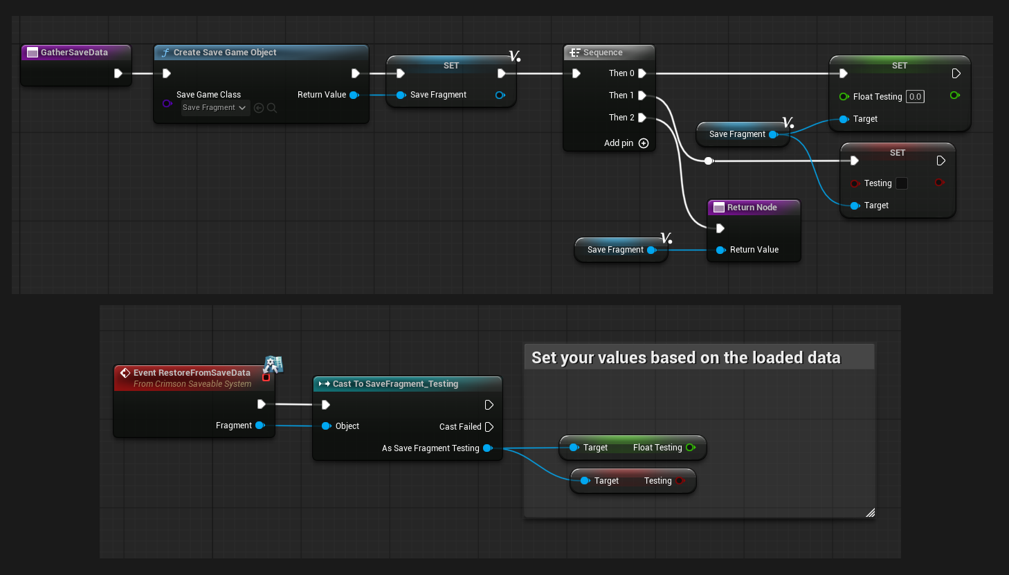 On the saveable object: override **Gather Save Data** -> Construct your fragment, fill its fields, Return. Override **Restore From Save Data** -> cast the Fragment to your class and apply it.