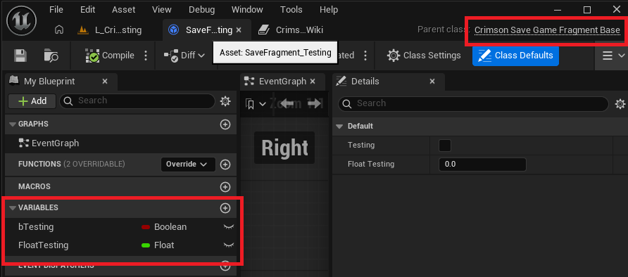 New Blueprint Class -> search `Crimson Save Game Fragment Base` -> add your own variables (e.g. `Item Ids`, `Item Counts`).