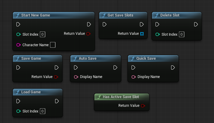 Bind buttons to **Start New Game**, **Load Game**, and **Delete Slot** on the Crimson Save Facade (or **Request New Game Save** / **Request Load From Slot** / **Request Delete Slot** on the manager).