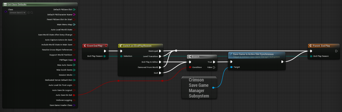 In your Game Mode Blueprint: Event EndPlay -> branch on End Play Reason (EndPlayInEditor / Quit) -> Get Crimson Save Game Manager -> Save Game To Active Slot Synchronous.