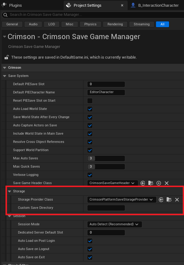 **Project Settings -> Crimson -> Crimson Save Game Manager -> Storage**. (1) Set **Storage Provider Class** to `CrimsonFileSaveStorageProvider`. (2) Type a path into **Custom Save Directory**, e.g. `{UserDir}/{Project}/Saves`.
