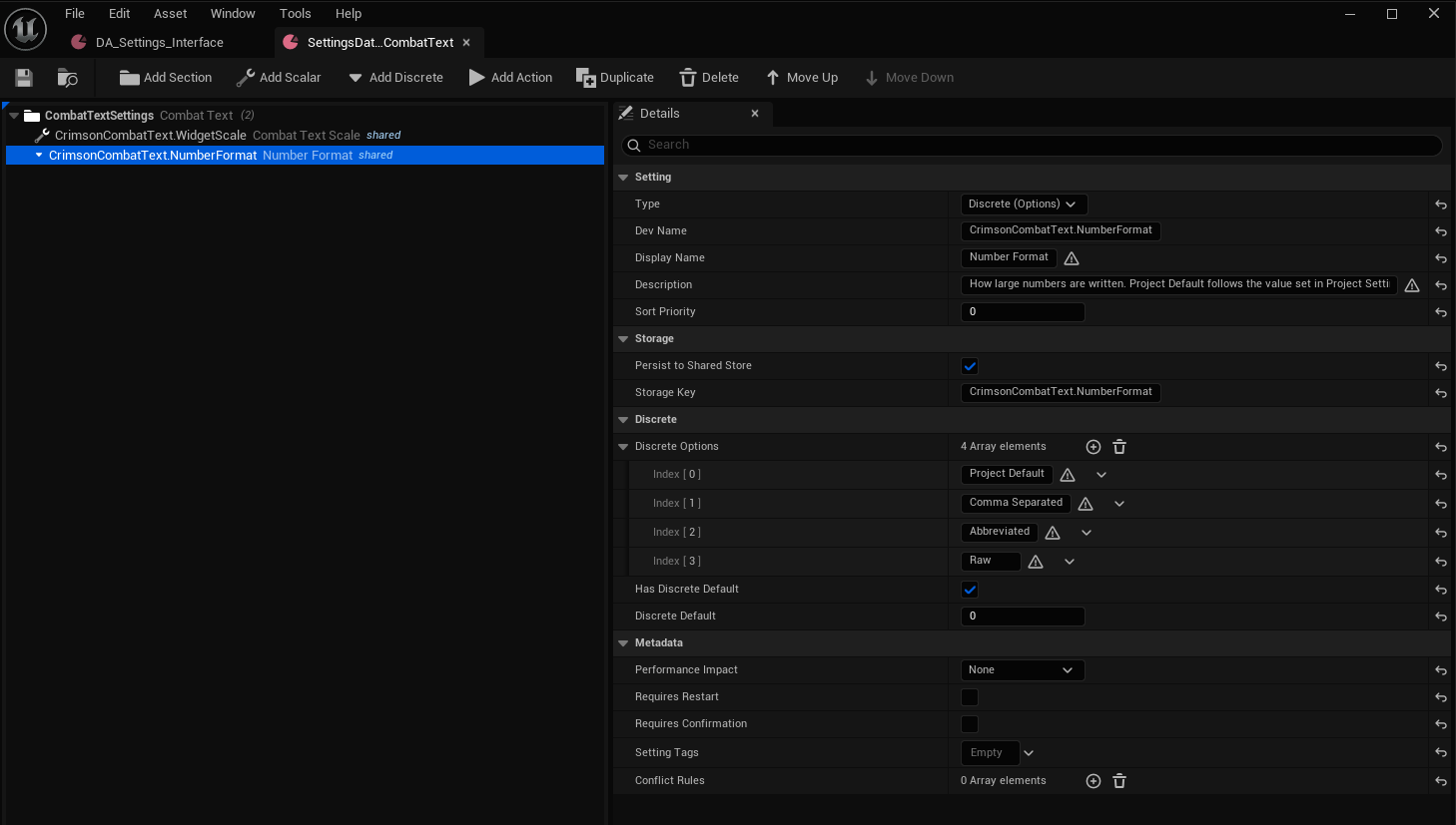 The settings data asset editor: tree on the left, Details for the selection on the right, authoring toolbar across the top.