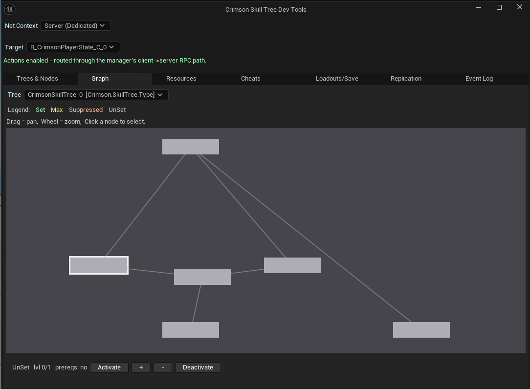 Graph tab: nodes colored by state; a connection turns green when its parent is set and the child's prerequisites are met.