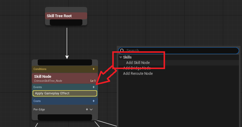 Logic graph: Root -> Skill nodes wired parent to child. Double-click a wire to drop a Reroute knot.