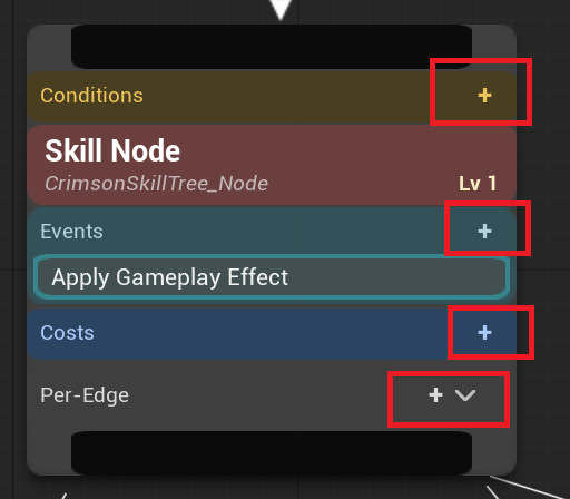 Use the + button on each section header to add a sub-node (Per-Edge's + is a dropdown). Amber = condition, Teal = event, Blue = cost.