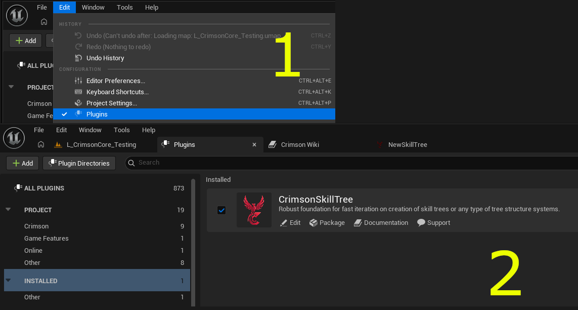 Edit -> Plugins -> search 'Crimson' -> tick CrimsonSkillTree's Enabled checkbox -> restart the editor.
