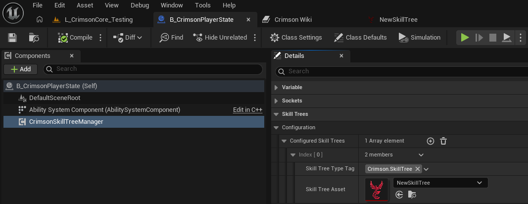 Manager component -> Details -> Configured Skill Trees: add an entry (type tag + tree asset). Initialization is automatic.