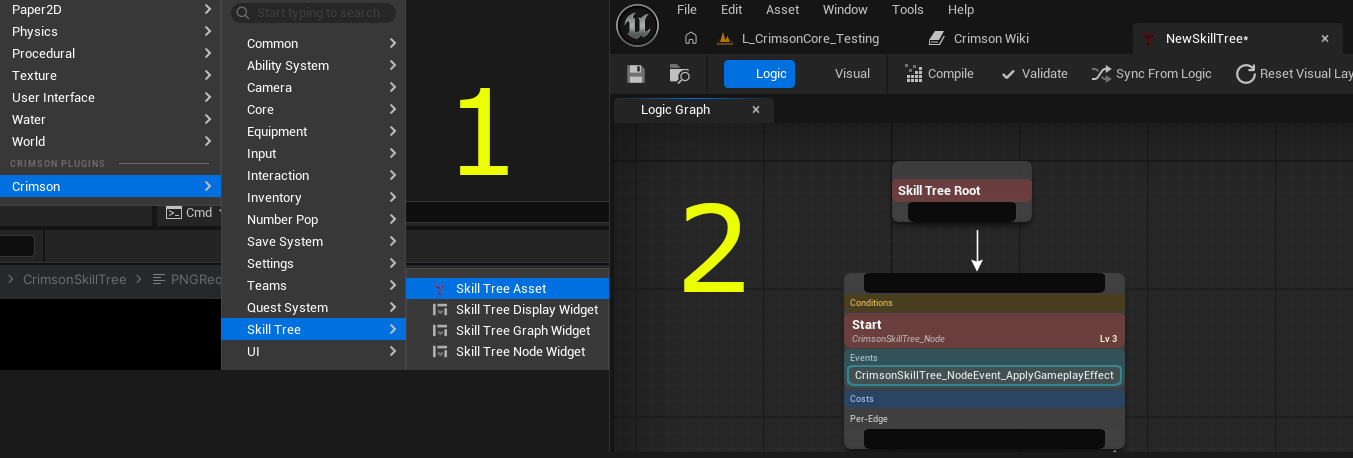 Content Browser -> Crimson -> Skill Tree Asset, then add a Skill in Logic mode and wire it from Root.