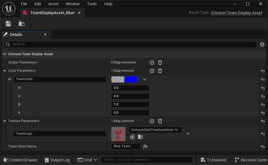 A CrimsonTeamDisplayAsset with TeamColor and a short name set.