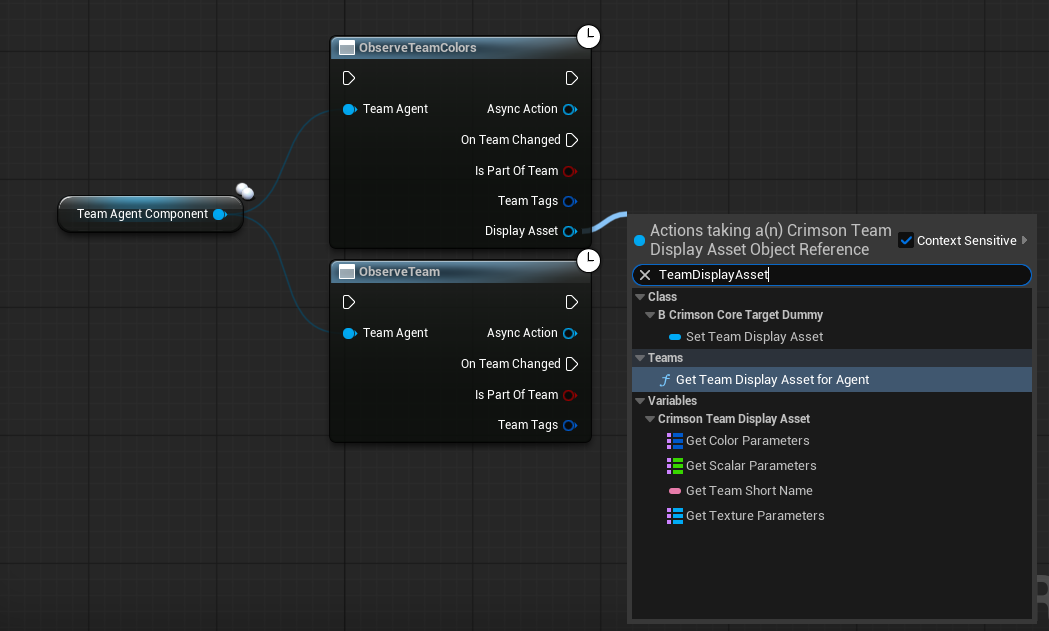 Observe Team Colors (Team Agent = the PlayerState) -> On Team Changed -> apply the Display Asset to your nameplate material.