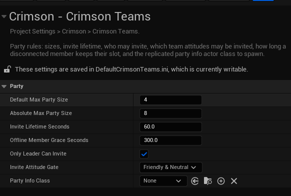 Project Settings -> Crimson -> Crimson Teams: the party rules.